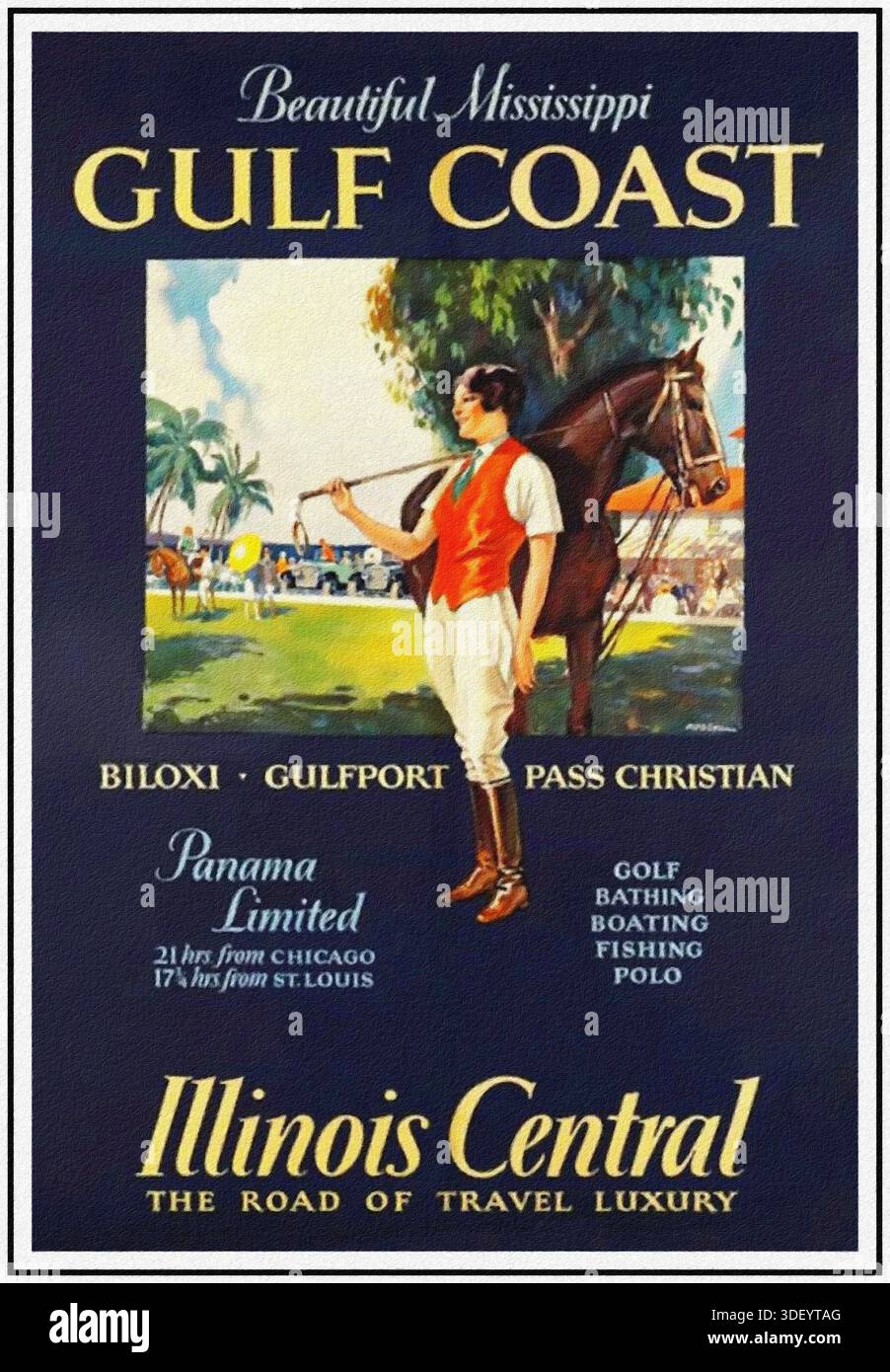 La splendida costa del Golfo del Mississippi. Tutti gli sport - tutto l'anno di Paul Proehl. Vintage Panama Limited, Illinois Central Railroad poster di viaggio pubblicato nel 1933. Foto Stock