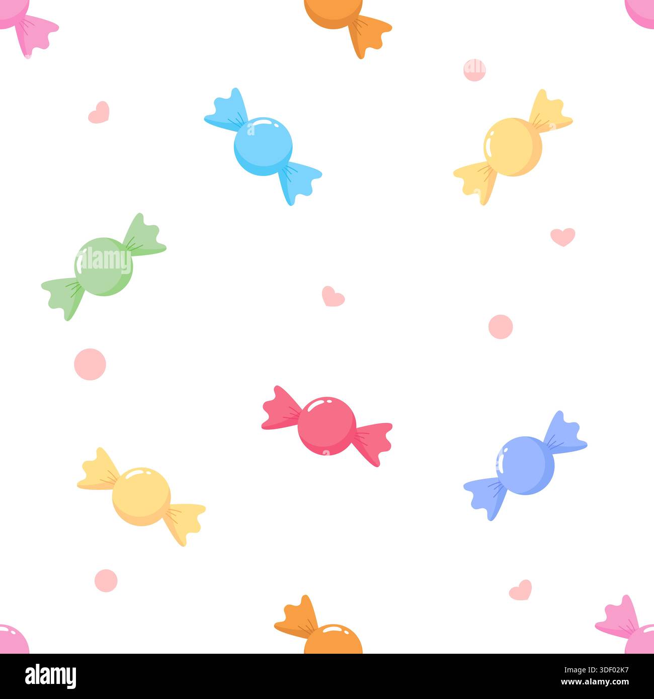 Un motivo vettoriale senza cuciture caratterizzato da caramelle, cuori e punti pastello su sfondo bianco. Perfetto per carta da parati, carta da imballaggio, stampe in tessuto, Illustrazione Vettoriale