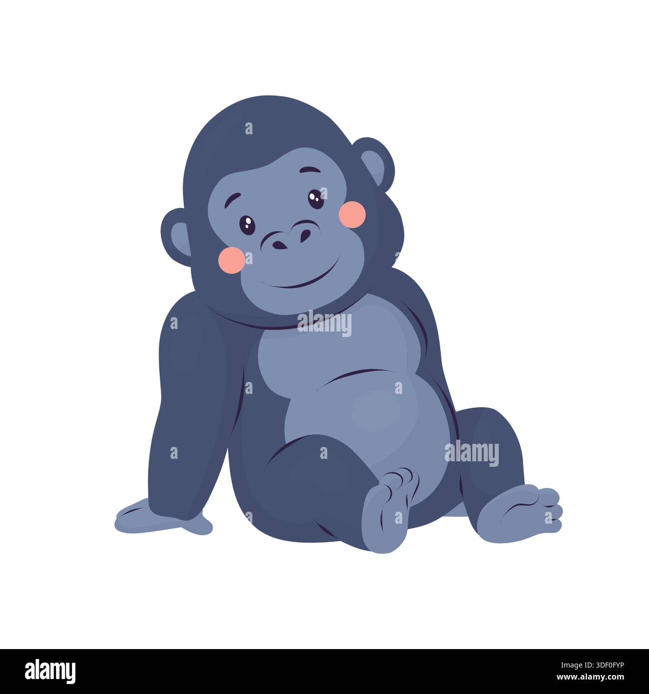 Un simpatico gorilla di cartoni animati si siede e sorride. Illustrazione in stile vettoriale piatto con forme morbide. Adatto per giardini zoologici, safari, compleanni, eventi per bambini Illustrazione Vettoriale