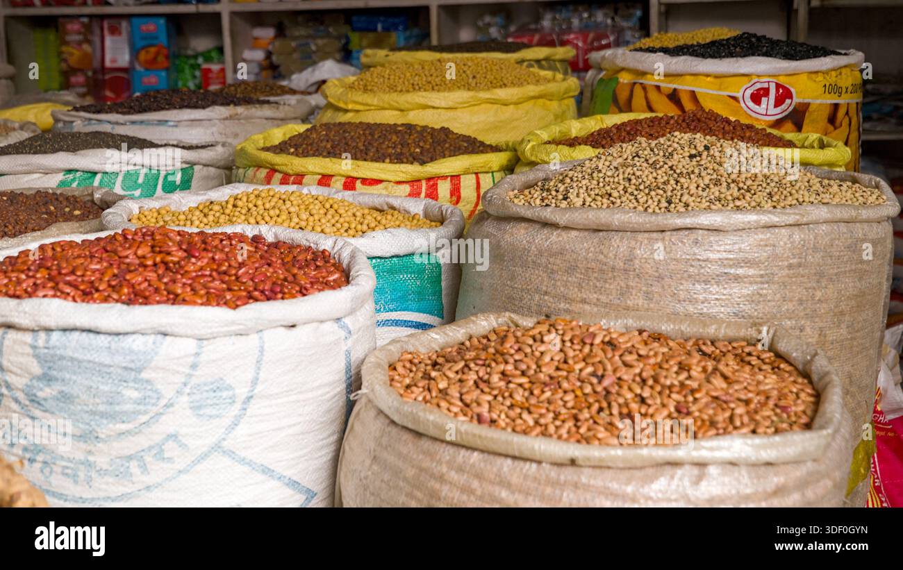 Fagioli vari (Phaseolus spp.) E grani (Poaceae) immagazzinati in sacchi in un mercato, con una ricca selezione di alimenti di base. Foto Stock