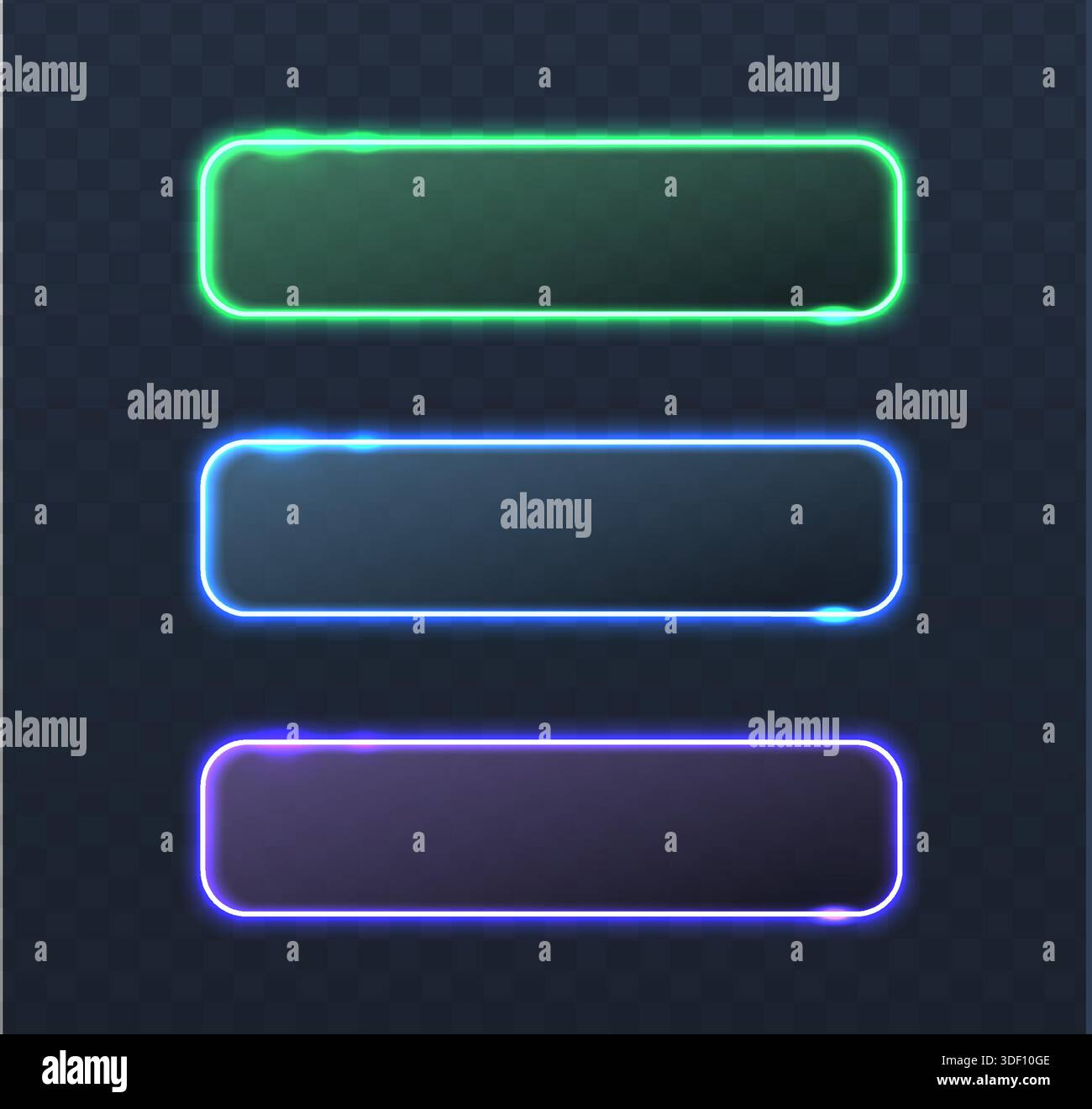 illustrazione. Bordi rettangolari illuminati a LED in blu, verde e viola. Isolato su sfondo trasparente. Illustrazione Vettoriale