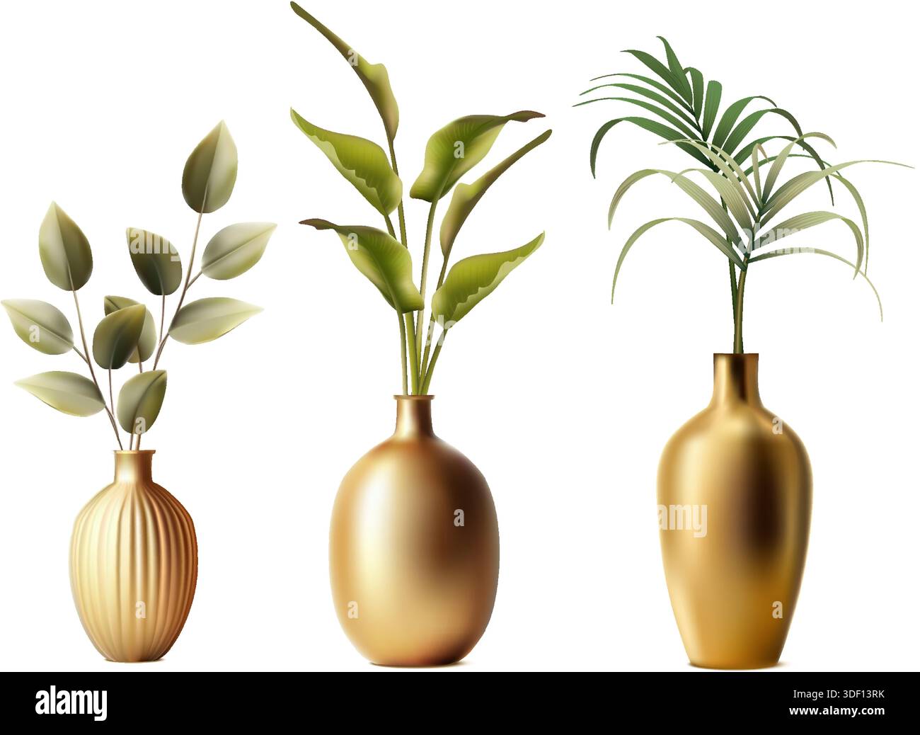 illustrazione realistica dell'icona vettoriale. Set di piante in vasi dorati di diversa forma. Illustrazione Vettoriale
