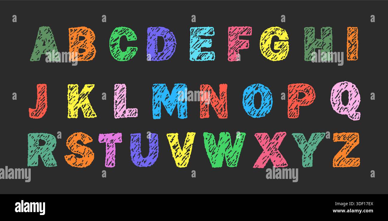 Alfabeto pastello divertente e infantile. Lettere inglesi e stravagante gesso per la scuola o la festa. Carattere doodle audace e colorato per l'istruzione o. Illustrazione Vettoriale