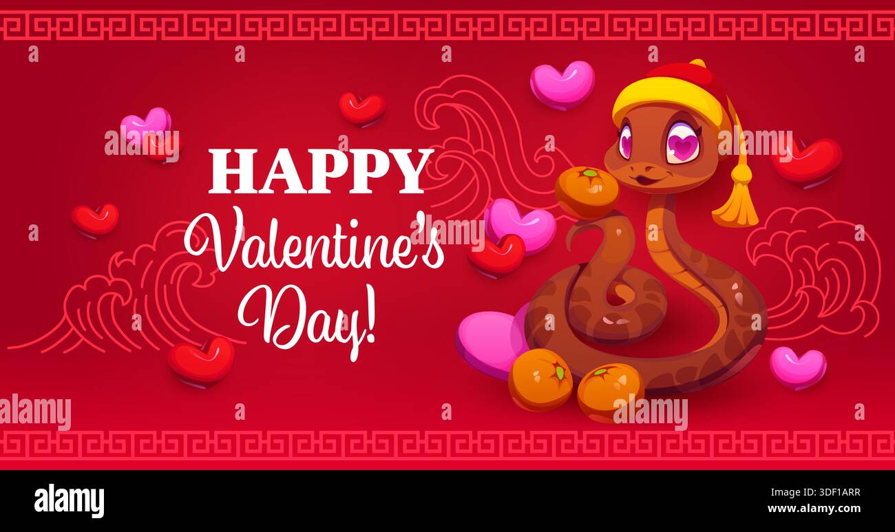 Banner di San Valentino felice con allegro personaggio di serpente. Poster vettoriale del giorno dell'amore, volantino per la festa di San Valentino. Romantico biglietto d'auguri natalizio con carattere asiatico serpente, arance e cuori d'amore Illustrazione Vettoriale