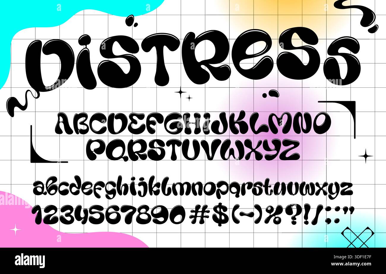Carattere a bolle liquide, tipo ondulato, caratteri y2k, alfabeto inglese scanalato. Lo script vettoriale in grassetto e in stile bolla nera distorta include caratteri maiuscoli e minuscoli, numeri e simboli Illustrazione Vettoriale