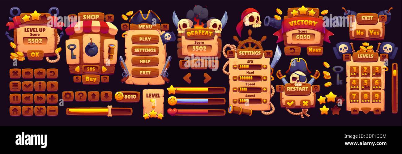 Interfaccia di gioco arcade pirata, risorsa elementi gui. Pulsanti, menu, tabelloni, icone e controlli dell'interfaccia utente vettoriale cartoni animati con tesori, teschi, spade ed elementi nautici . per giochi mobili o di avventura Illustrazione Vettoriale