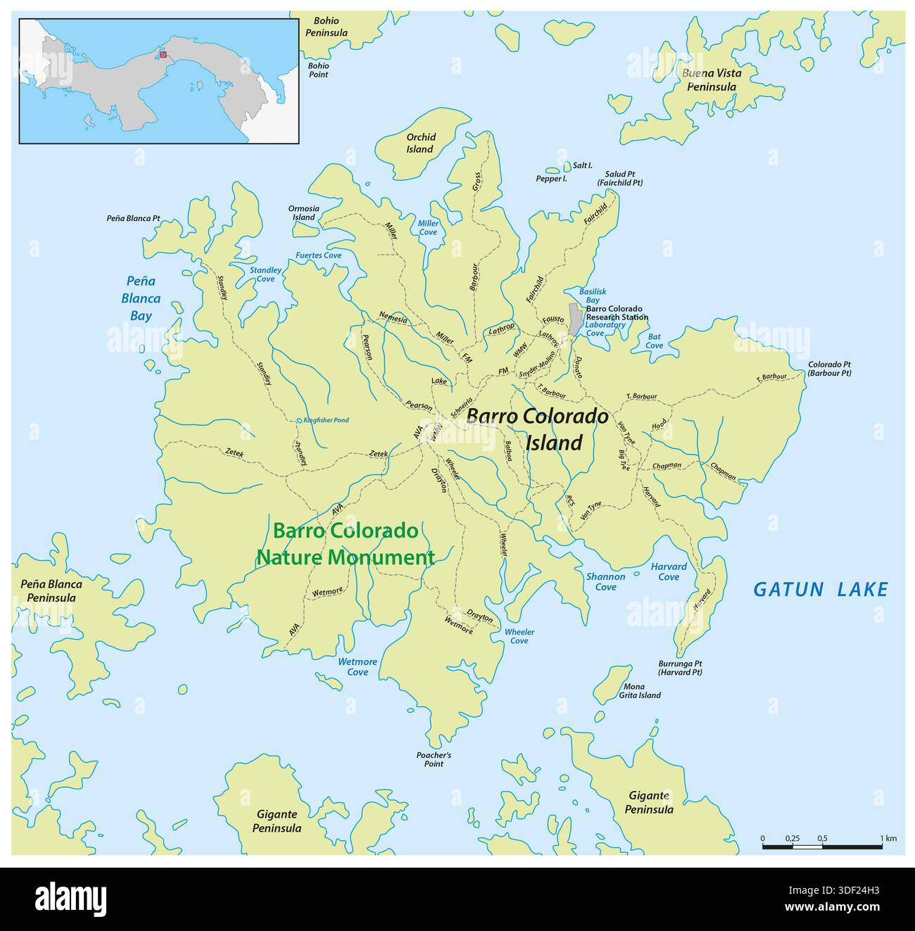 Mappa dell'isola di Barro Colorado nel lago Gatun, Panama Foto Stock