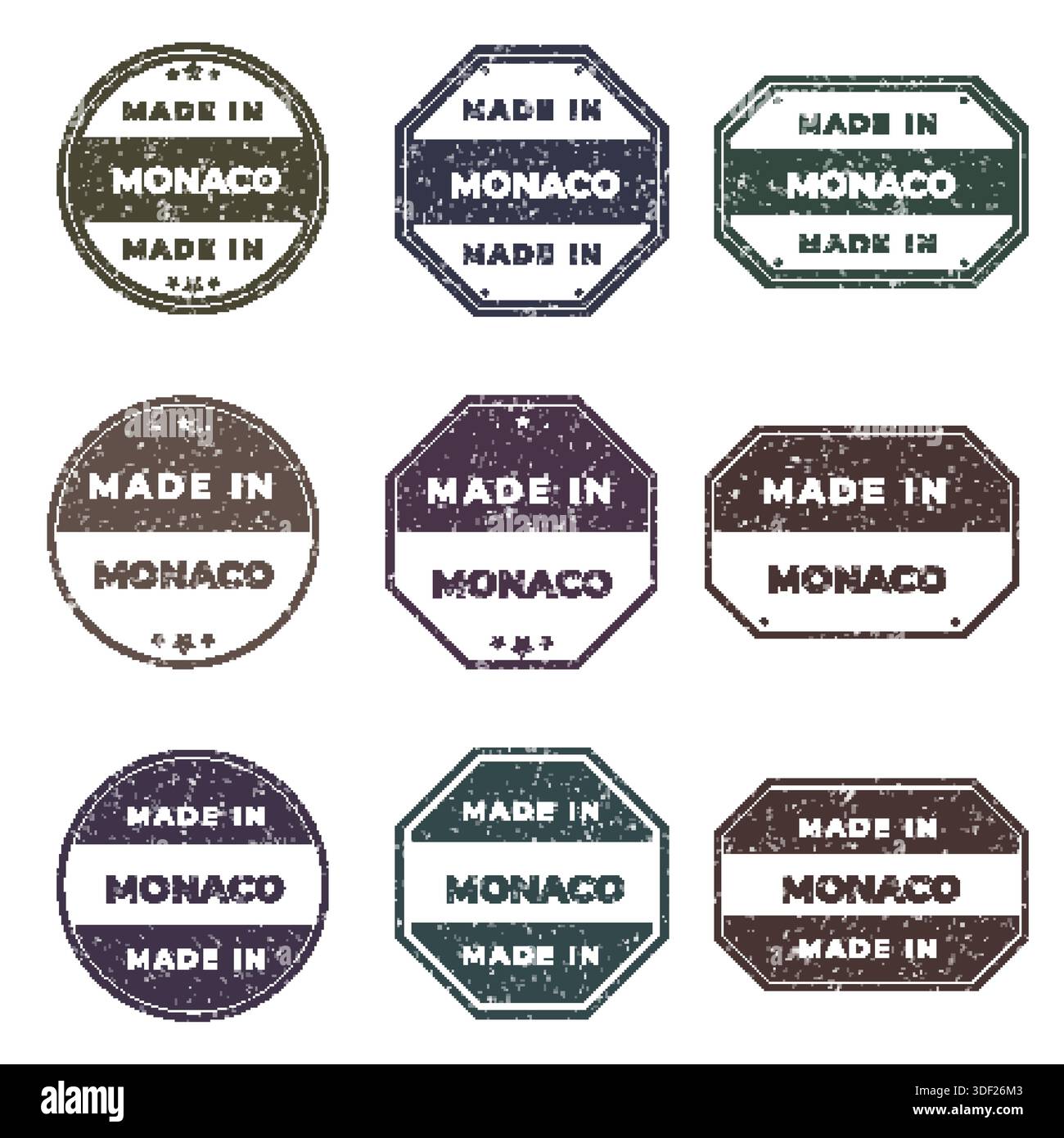 Set di etichette Made in MONACO pronte all'uso per l'emblema del prodotto Illustrazione Vettoriale