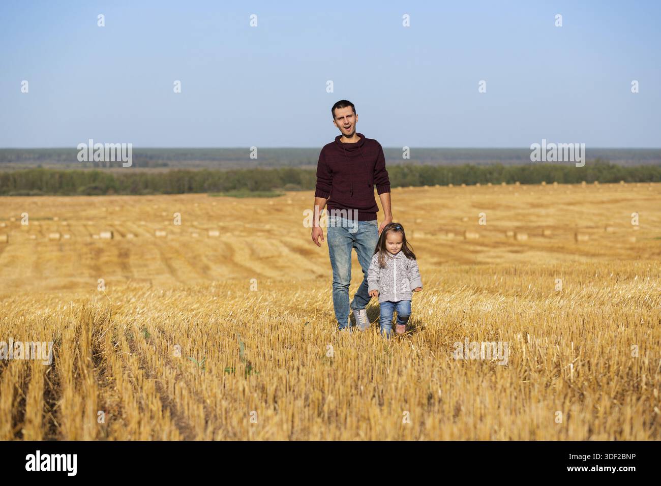 Felice padre e bambina di 2 anni che camminano nel campo raccolto Foto Stock