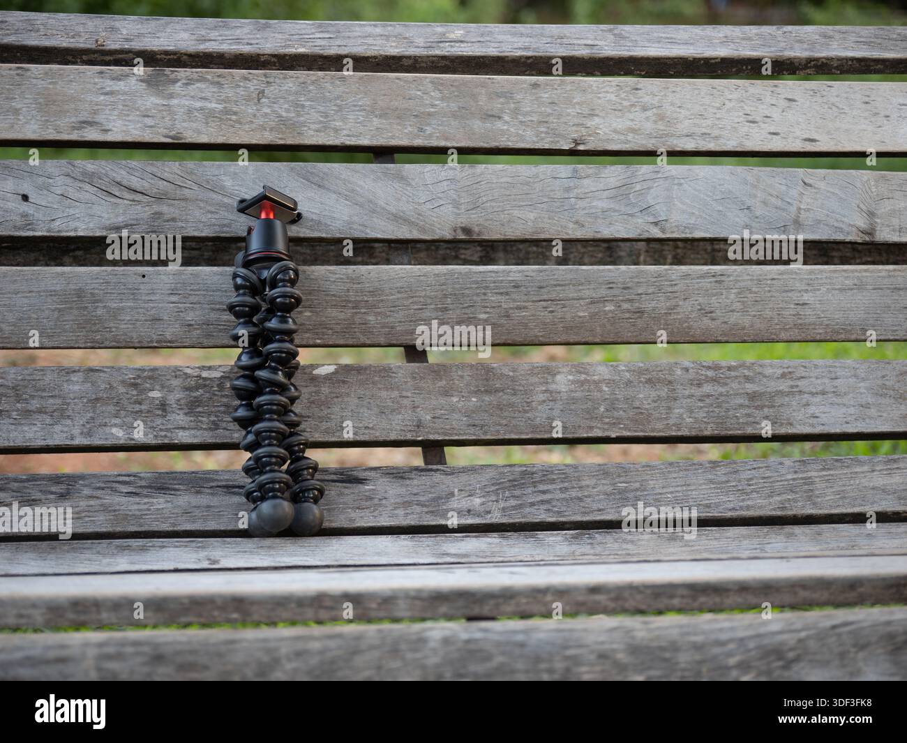 Treppiede per fotocamera flessibile posizionato su una panchina di legno in un parco, che rappresenta la creazione di contenuti mobili e le riprese all'aperto. Foto Stock