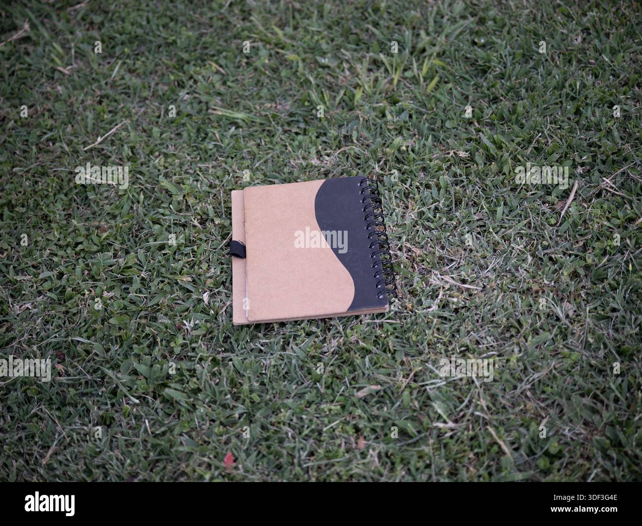Notebook a spirale Kraft su erba all'aperto, che rappresenta la pianificazione, la scrittura e la cartoleria ecologica con spazio per copie. Foto Stock