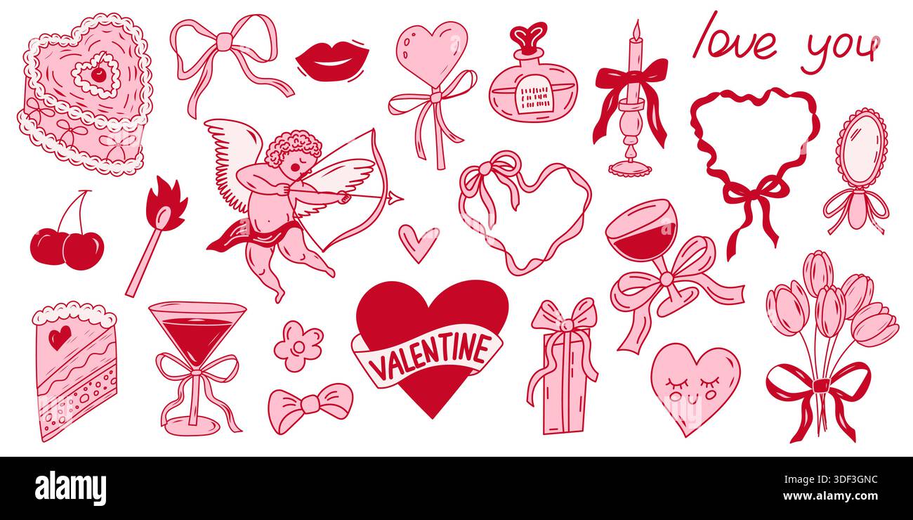 San Valentino con elementi doodle e romantico set d'amore Illustrazione Vettoriale