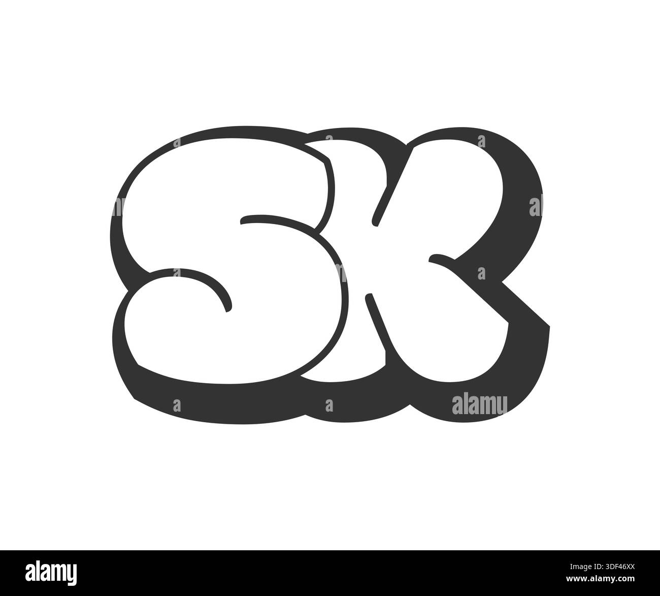Logo SK, scritta fumettistica a bolle, arrotondata con silhouette in bianco e nero in stile graffiti. Testo alla moda in età prescolare e lettera K per festa, persona Illustrazione Vettoriale