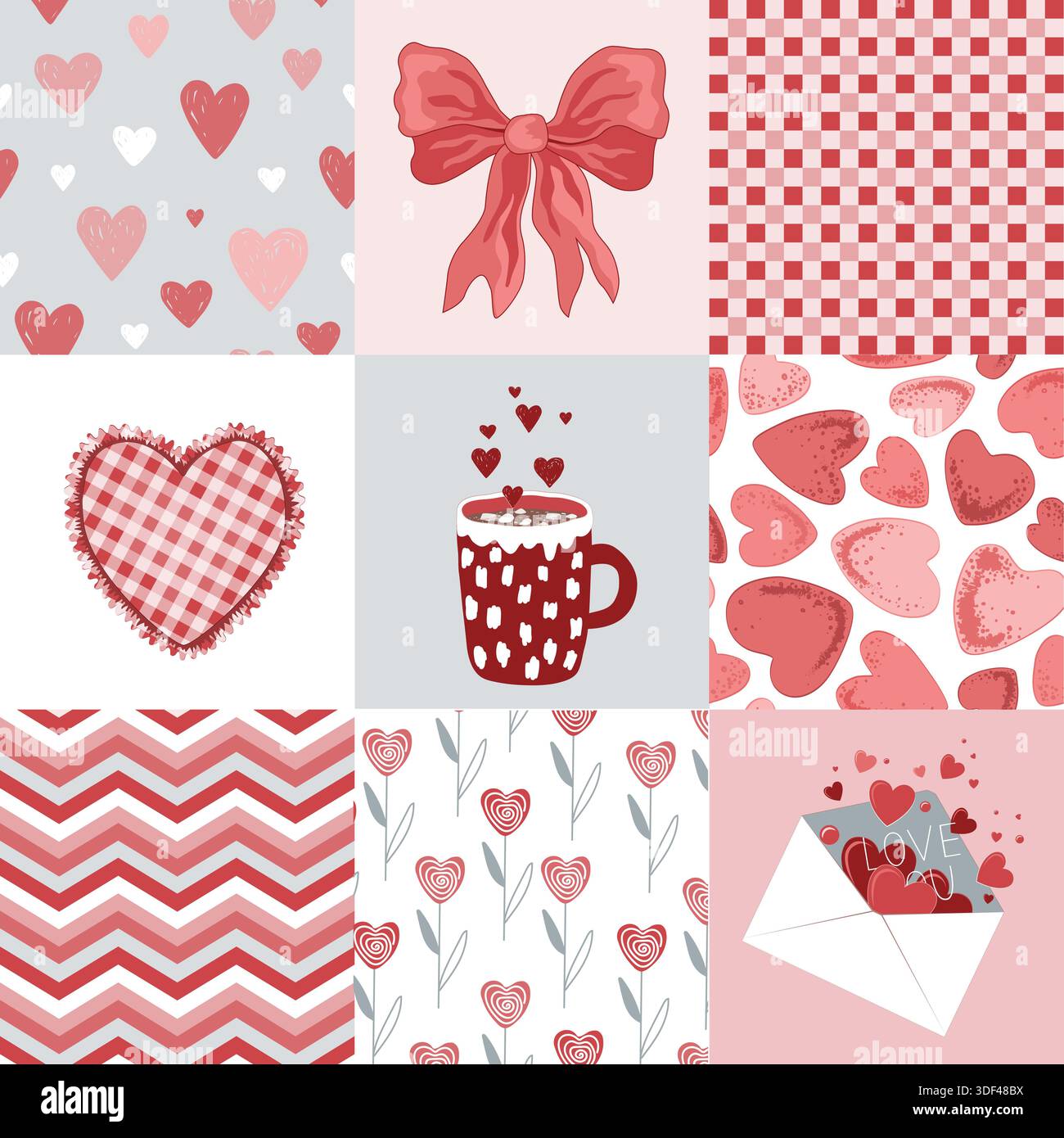 Motivo doodle senza cuciture con trapunta Patchwork di San Valentino. Romantico piumone patch. Sfondo vettoriale. Stampa geometrica a scacchi Illustrazione Vettoriale