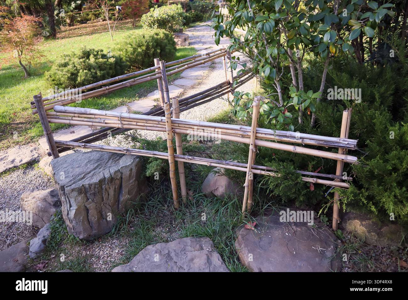 Corrimano rustico di bambù curvo che guida un percorso serpeggiante in pietra attraverso lussureggianti arbusti e alberi sempreverdi in un tranquillo giardino zen giapponese Foto Stock