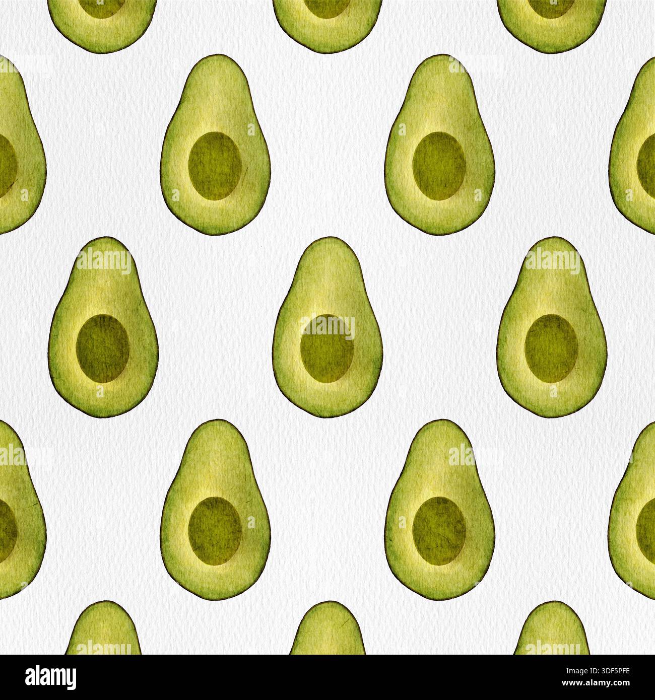 Effetto acquerello digitale senza interruzioni con metà avocado. Perfetto per progetti tessili, di imballaggio, alimentari e di design. Foto Stock