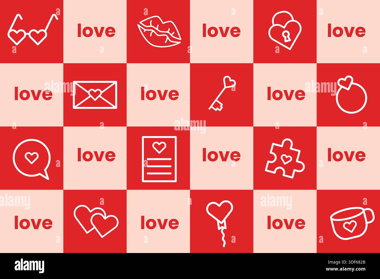 Divertente illustrazione di cartoni animati con attrezzature per San Valentino, con oggetti carini a tema d'amore, ideale per disegni divertenti, adesivi e post festivi sui social media Illustrazione Vettoriale
