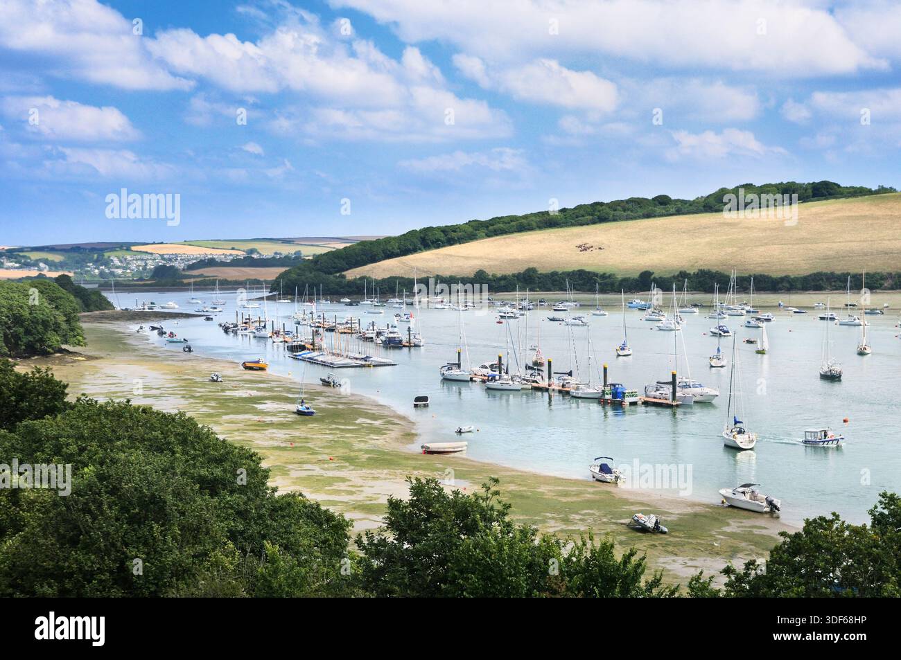 Vista delle barche ormeggiate sulle calme acque dell'estuario di Kingsbridge, una valle del fiume annegata o "ria", vicino a Salcombe, South Hams, South Devon Inghilterra Regno Unito Foto Stock