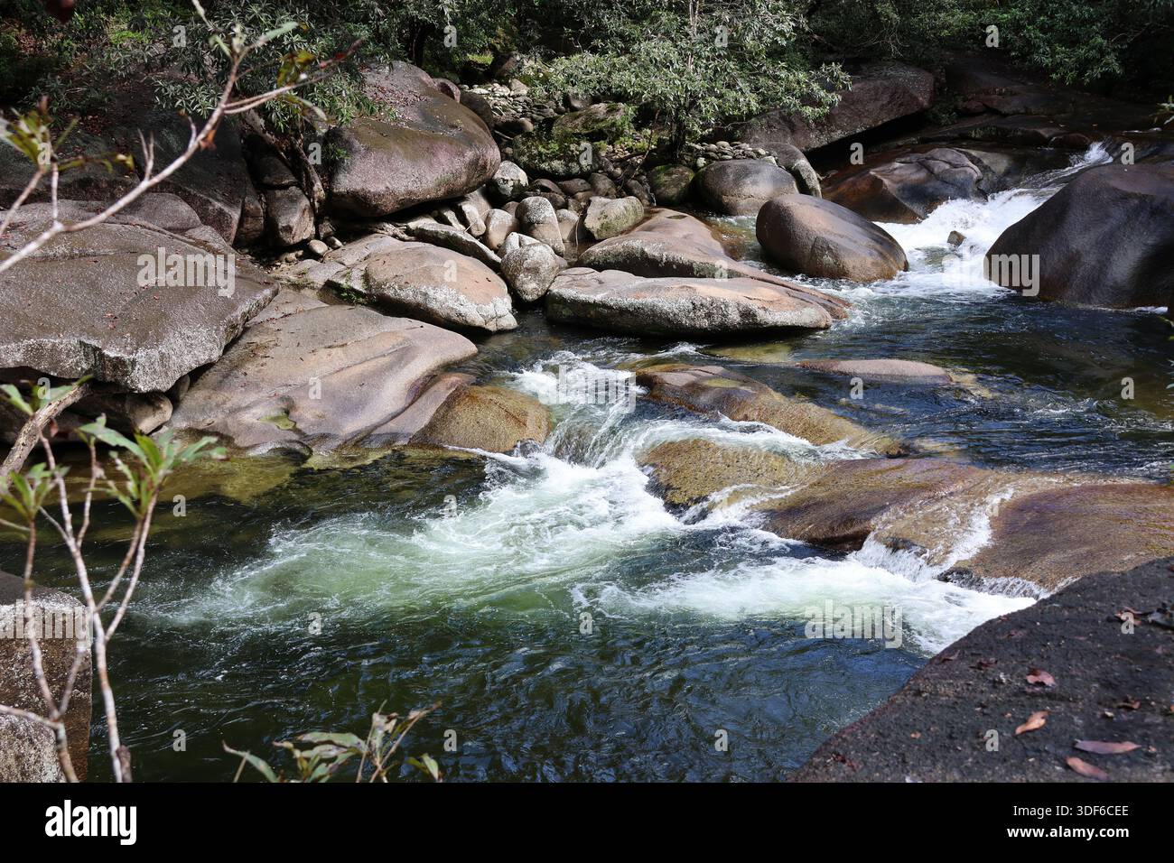 L'acqua scorre su grandi rocce lisce a Babinda Boulders nel Queensland, Australia Foto Stock