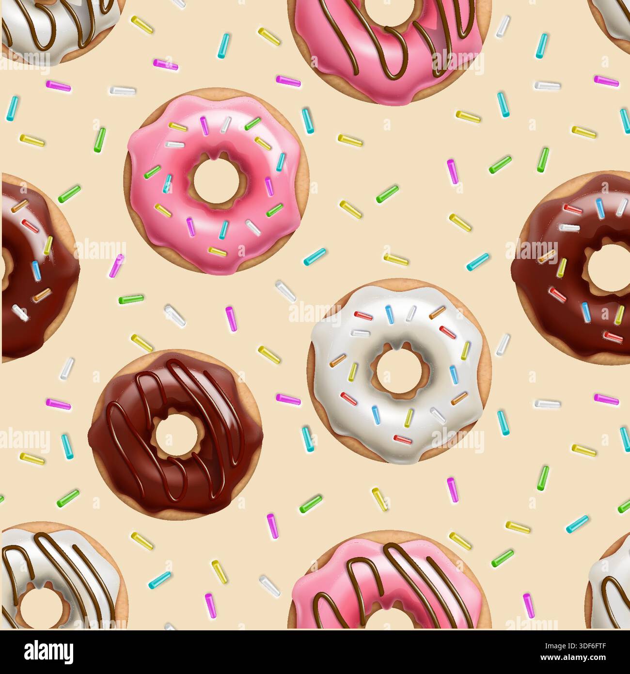 illustrazione vettoriale realistica. Ciambelle colorate con motivo glassa al cioccolato e spruzzette. Illustrazione Vettoriale