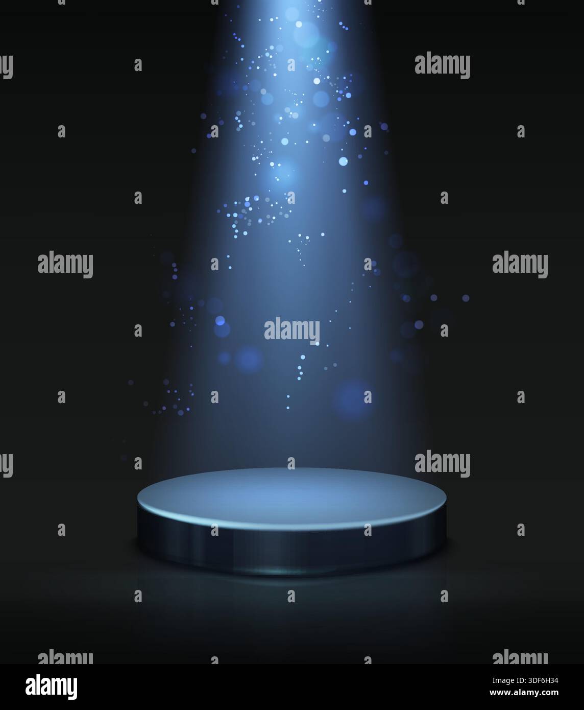 illustrazione astratta. Luce spot dall'alto con bagliori e scintille e luce magica e podio scuro su sfondo nero. Illustrazione Vettoriale