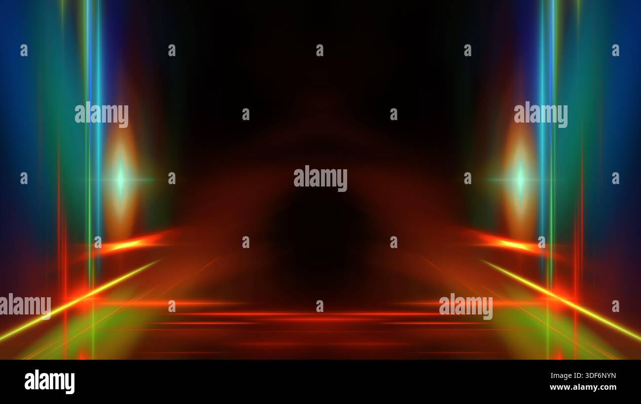 Luci luminose in vari colori brillano e creano motivi in uno spazio buio. Questo display mostra strisce di colori chiari e vivaci che si fondono insieme Foto Stock