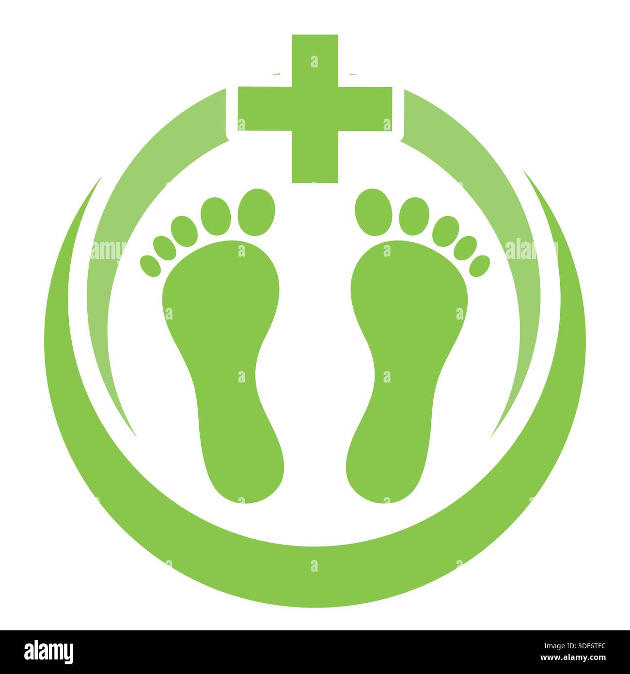 Illustrazione del logo per la cura dei piedi. Piede umano in cerchio con croce medica Illustrazione Vettoriale