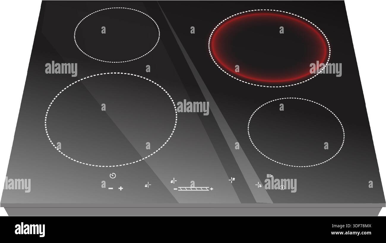 illustrazione realistica dell'icona vettoriale. Elettrodomestici da cucina, piano cottura elettrico e a induzione, piano cottura. Isolato su bianco. Illustrazione Vettoriale