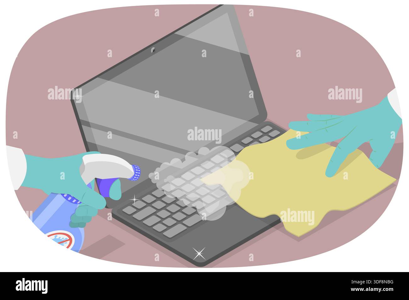 Illustrazione piatta isometrica 3D della disinfezione di Un computer, igiene domestica Foto Stock