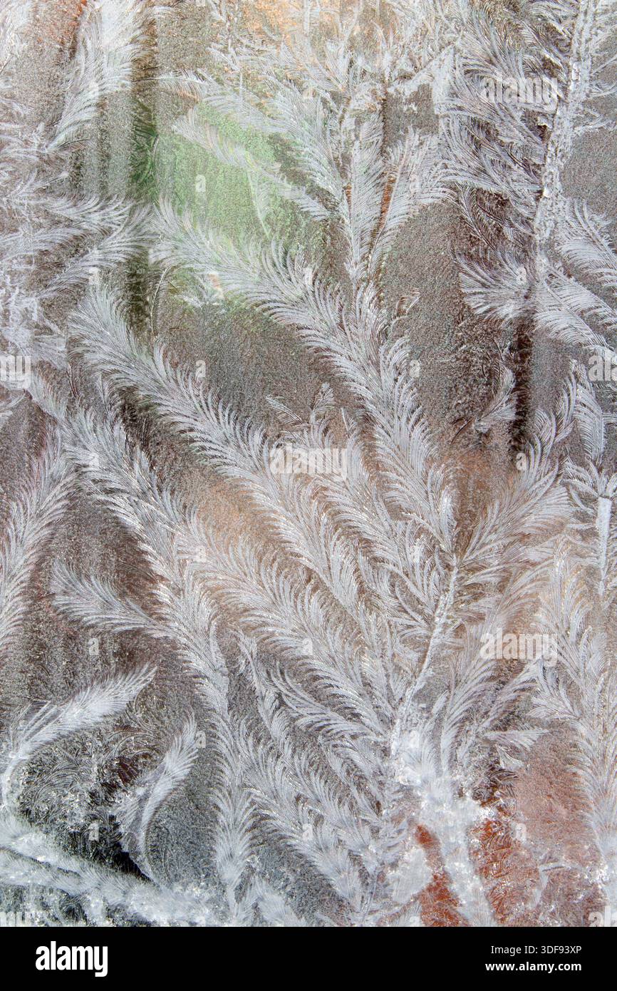 Il gelo dei finestrini è causato dalla condensa di vapore sul vetro freddo, che forma dei modelli di gelo Foto Stock