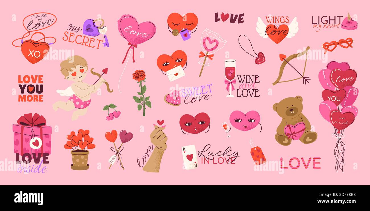 Set retro Clip Art per San Valentino. 29 elementi Illustrazione Vettoriale