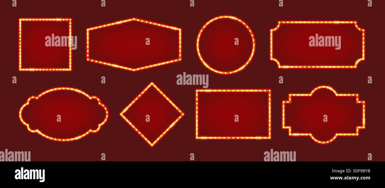 Set di cornici da circo con lampadine luminose in stile retrò per poster, biglietti e striscioni. Illustrazione vettoriale Illustrazione Vettoriale