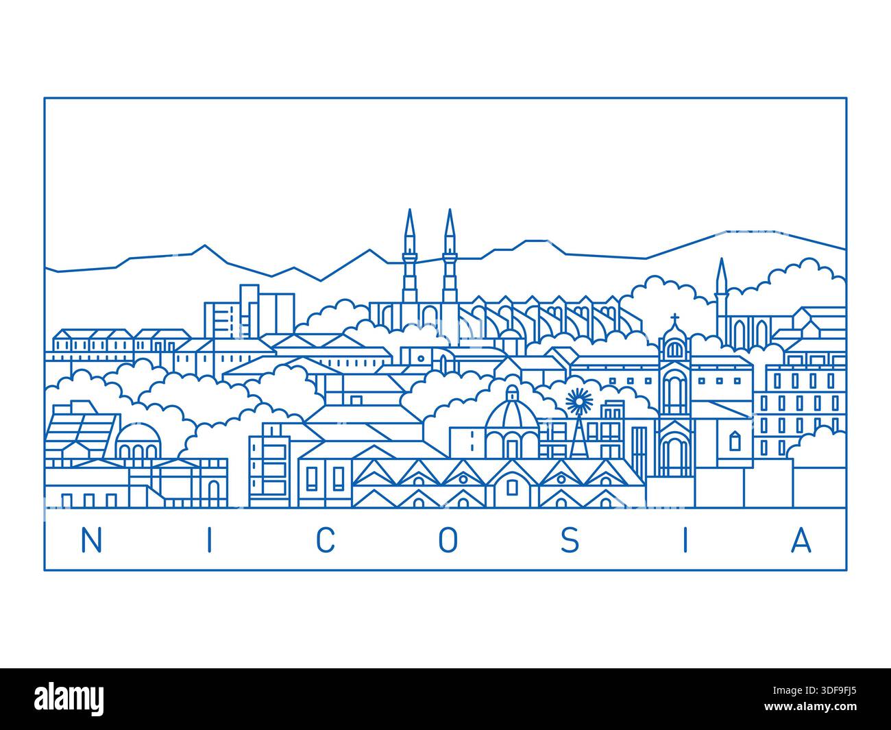 Illustrazione vettoriale dello skyline di Nicosia City. Paesaggio urbano in linea d'arte Illustrazione Vettoriale