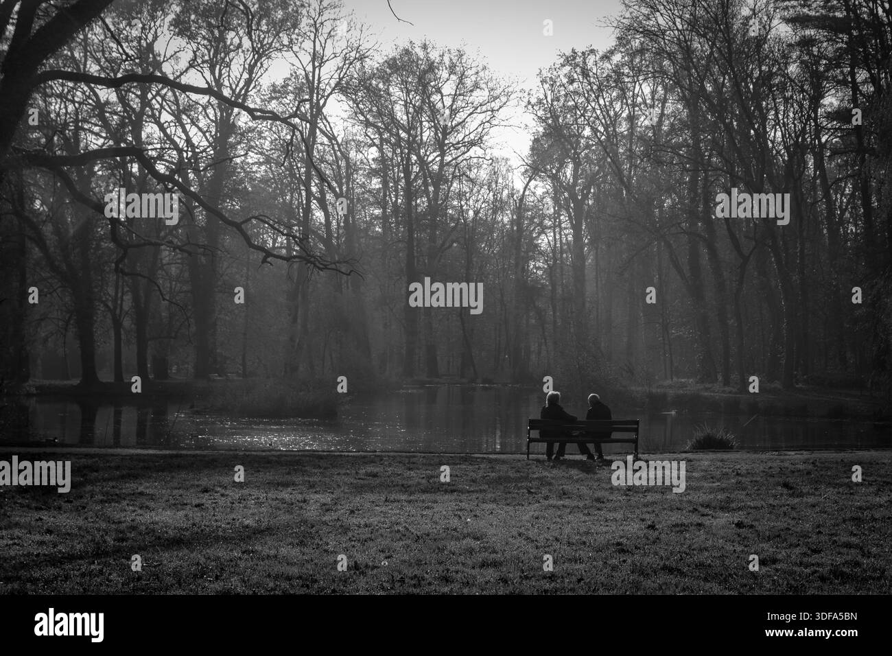 Due persone sedute su una panchina accanto a un lago nel Maksimir Park, Zagabria, Croazia, circondate da alberi senza foglie in una tranquilla scena invernale, in bianco e nero Foto Stock