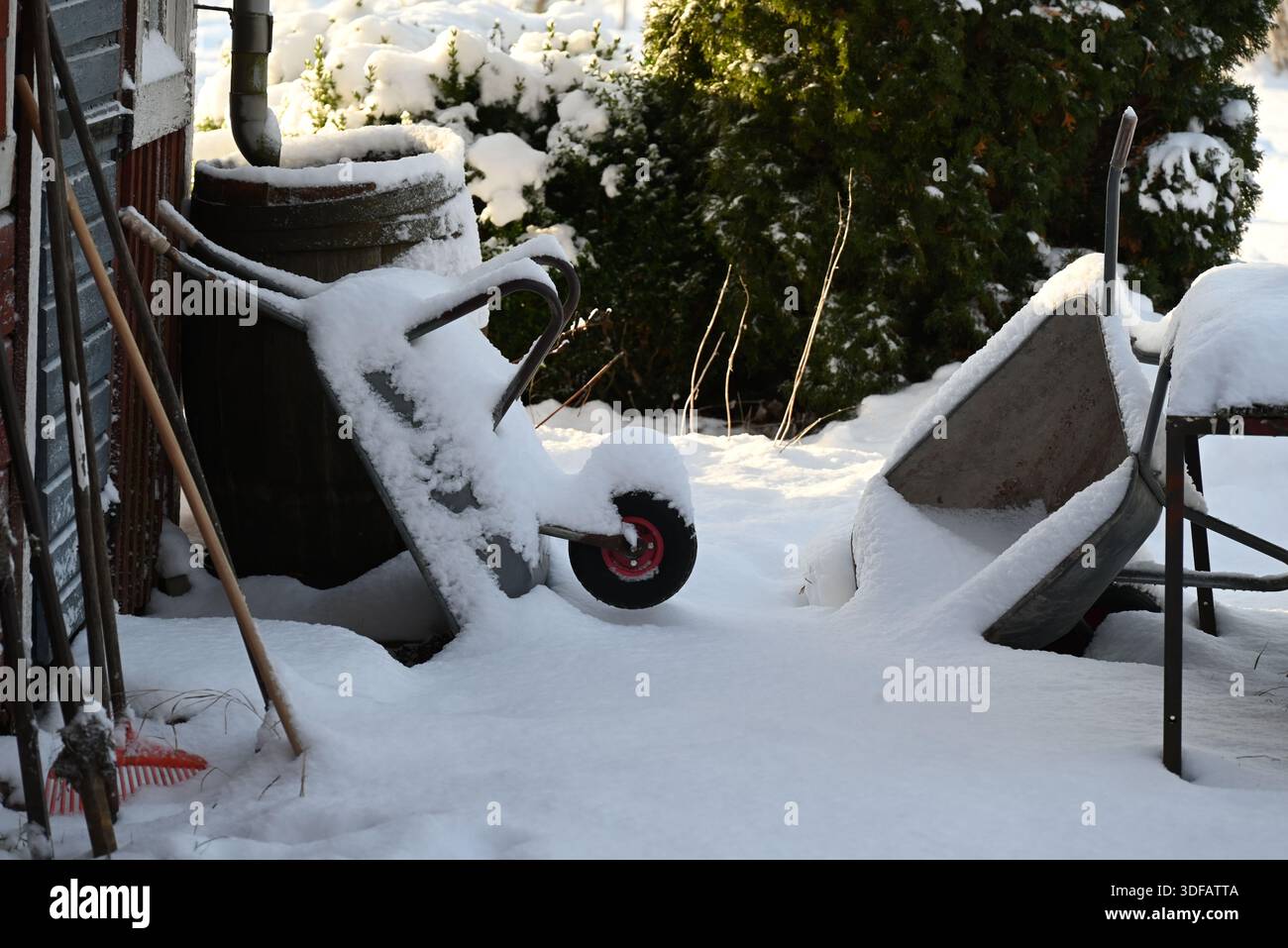 Attrezzi da giardinaggio, carriole e una botte di legno ricoperta di neve in un giardino d'inverno. Foto Stock