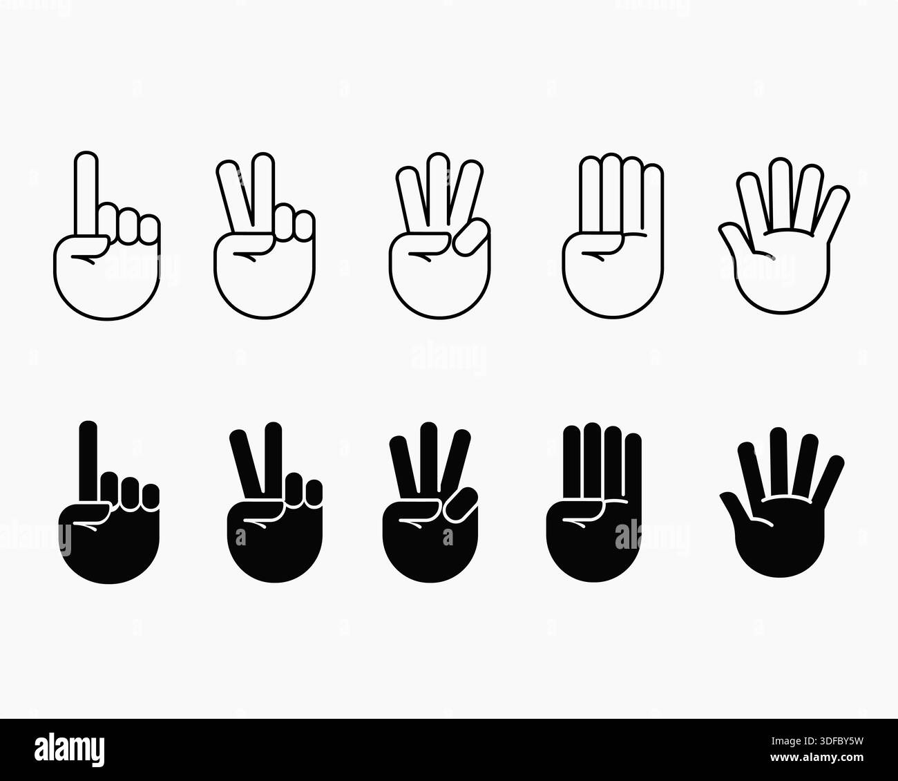 Gesti di conteggio delle mani da una a cinque icone impostate nell'illustrazione vettoriale modificabile traccia e stile silhouette Illustrazione Vettoriale