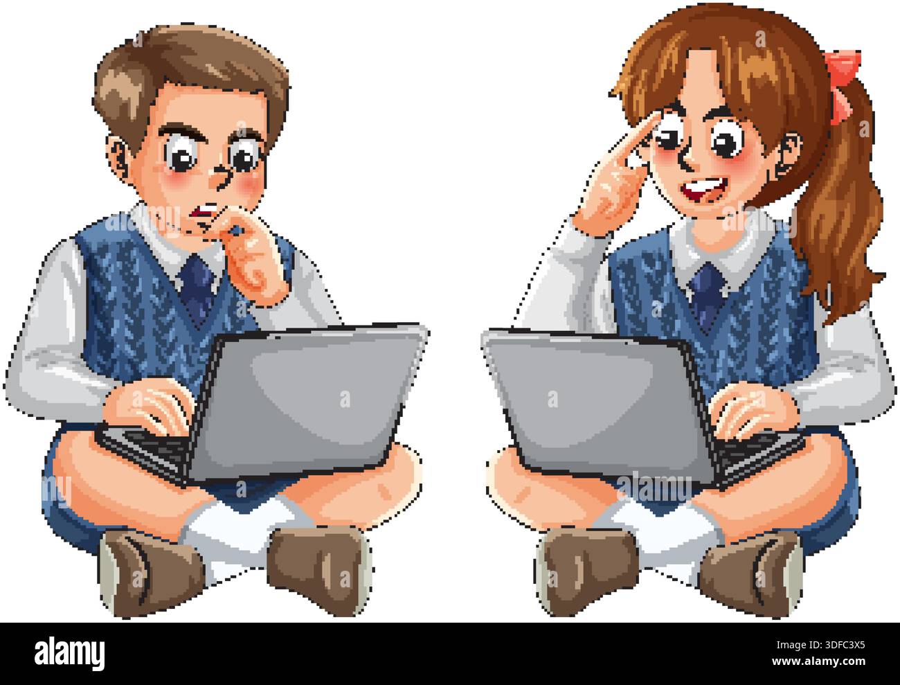 Scolaro e studentessa dei cartoni animati seduti a gambe incrociate con computer portatili, illustrazione vettoriale piatta e colorata Illustrazione Vettoriale