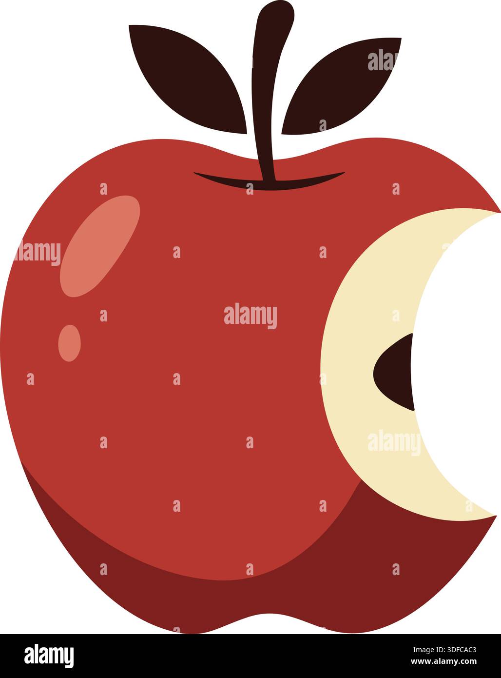 Una mela rossa brillante con una sola foglia e un boccone grande che rivela polpa pallida. Illustrazione Vettoriale