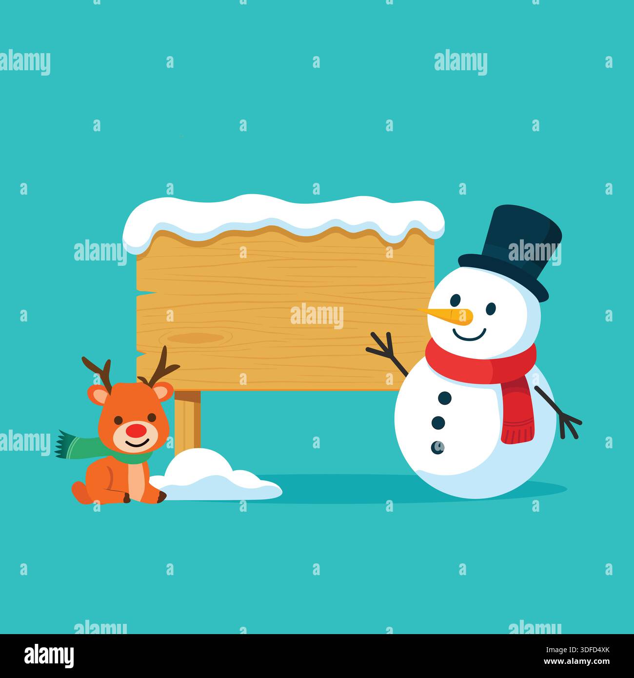 Simpatico pupazzo di neve e renne con cartello in legno bianco Illustrazione Vettoriale