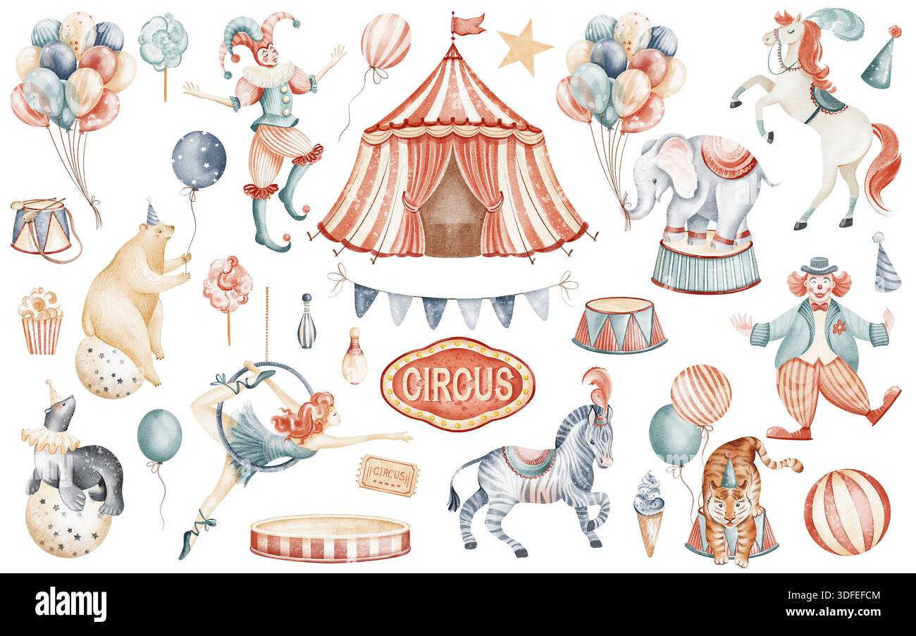 Set clipart del circo acquerello con clown, animali, artisti ed elementi del circo per carte, poster e inviti. Disegno per bambini, asilo nido Foto Stock