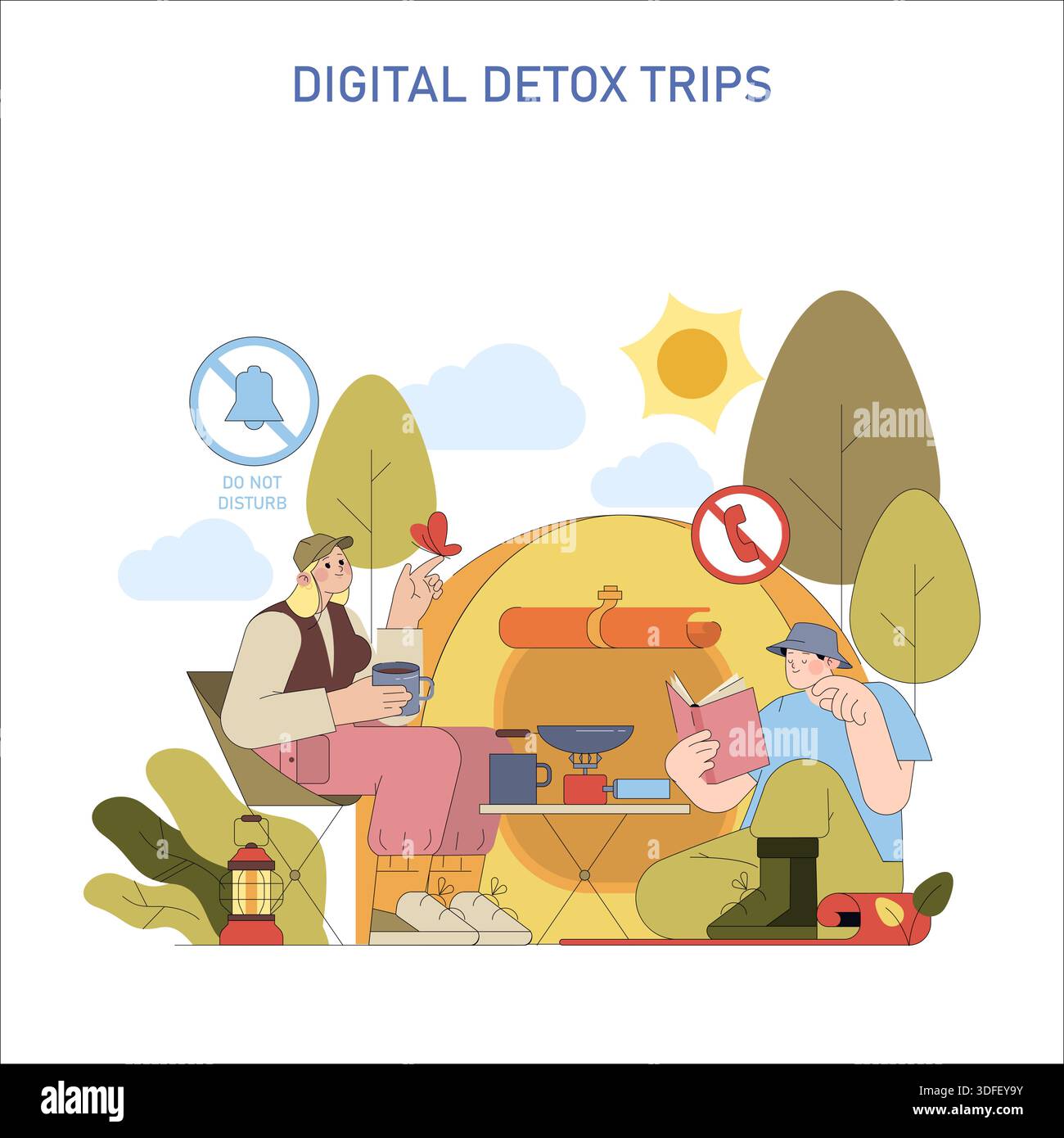 Illustrazione vettoriale di un viaggio detox digitale con due persone in campeggio senza dispositivi. Sono impegnati nella conversazione e si godono la natura, circondati da un tema "non disturbare". Illustrazione Vettoriale