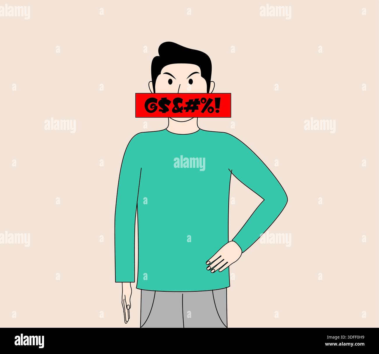 Un uomo indossa una camicia verde e ha censurato la bocca per il cattivo linguaggio. Concetto di rabbia e frustrazione Illustrazione Vettoriale