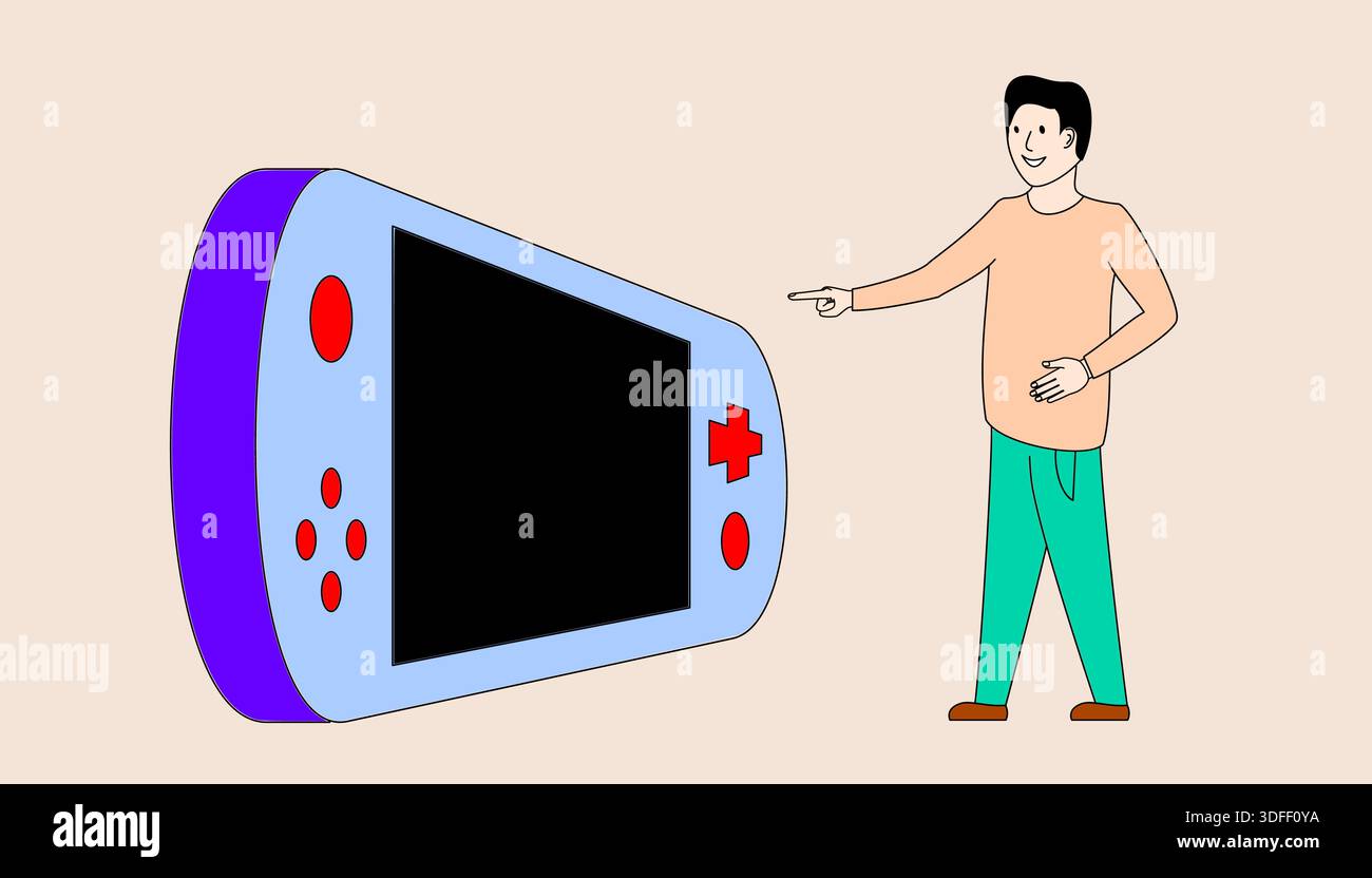 Un uomo che indica una grande console di gioco viola e blu. L'uomo indossa una camicia bianca e pantaloni verdi Illustrazione Vettoriale