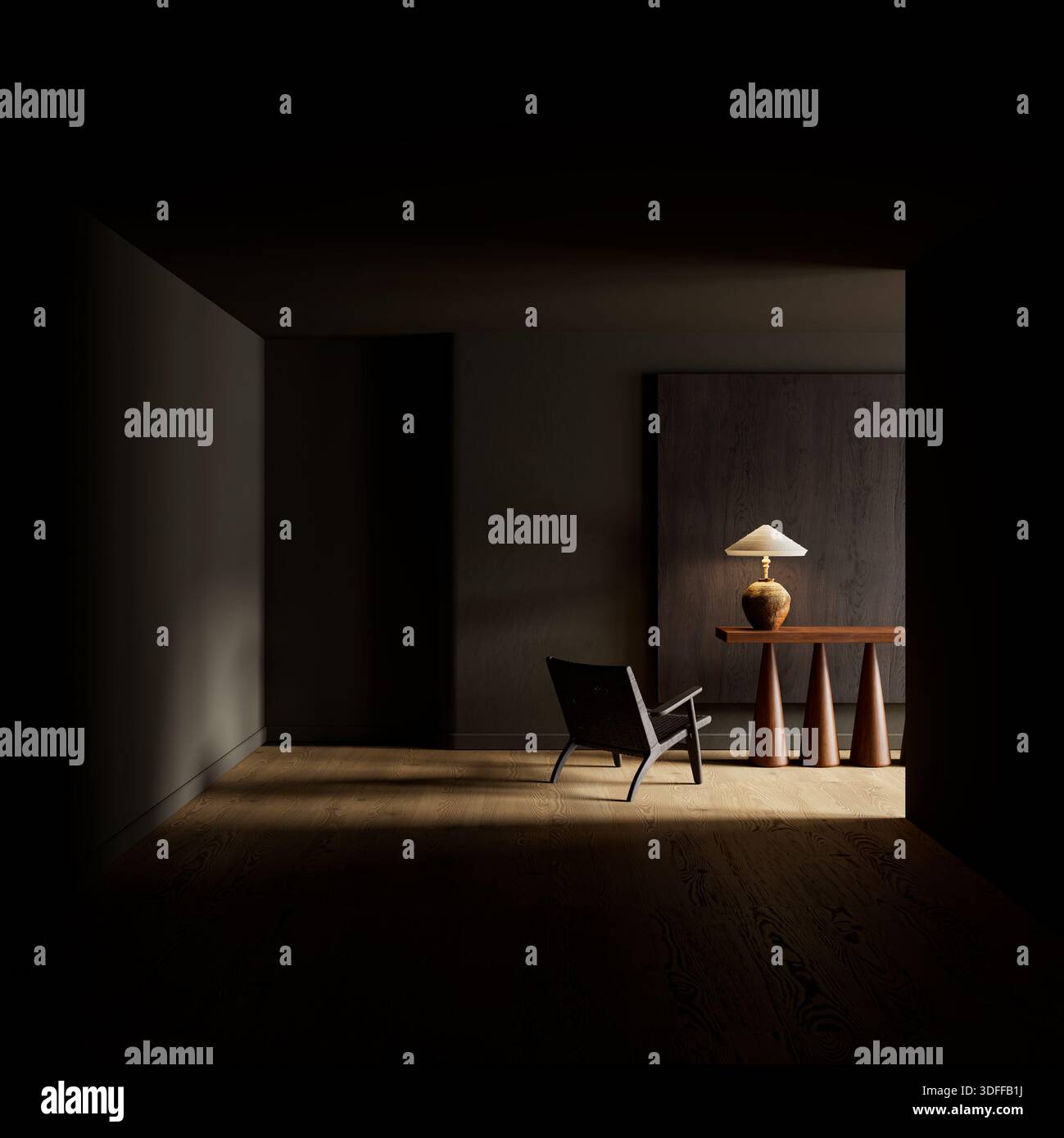 Uno spazioso layout negativo che enfatizza la geometria pulita, una calda illuminazione direzionale e una raffinata disposizione minimalista per la chiarezza visiva e l'eleganza Foto Stock