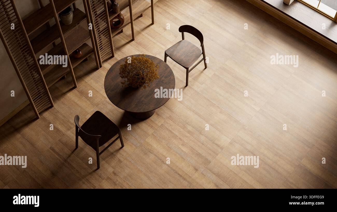 Sala da pranzo japandi contemporanea con forme di legno pulite, mobili minimali e una rilassante tavolozza neutra ispirata allo zen giapponese e allo scandinavo simp Foto Stock