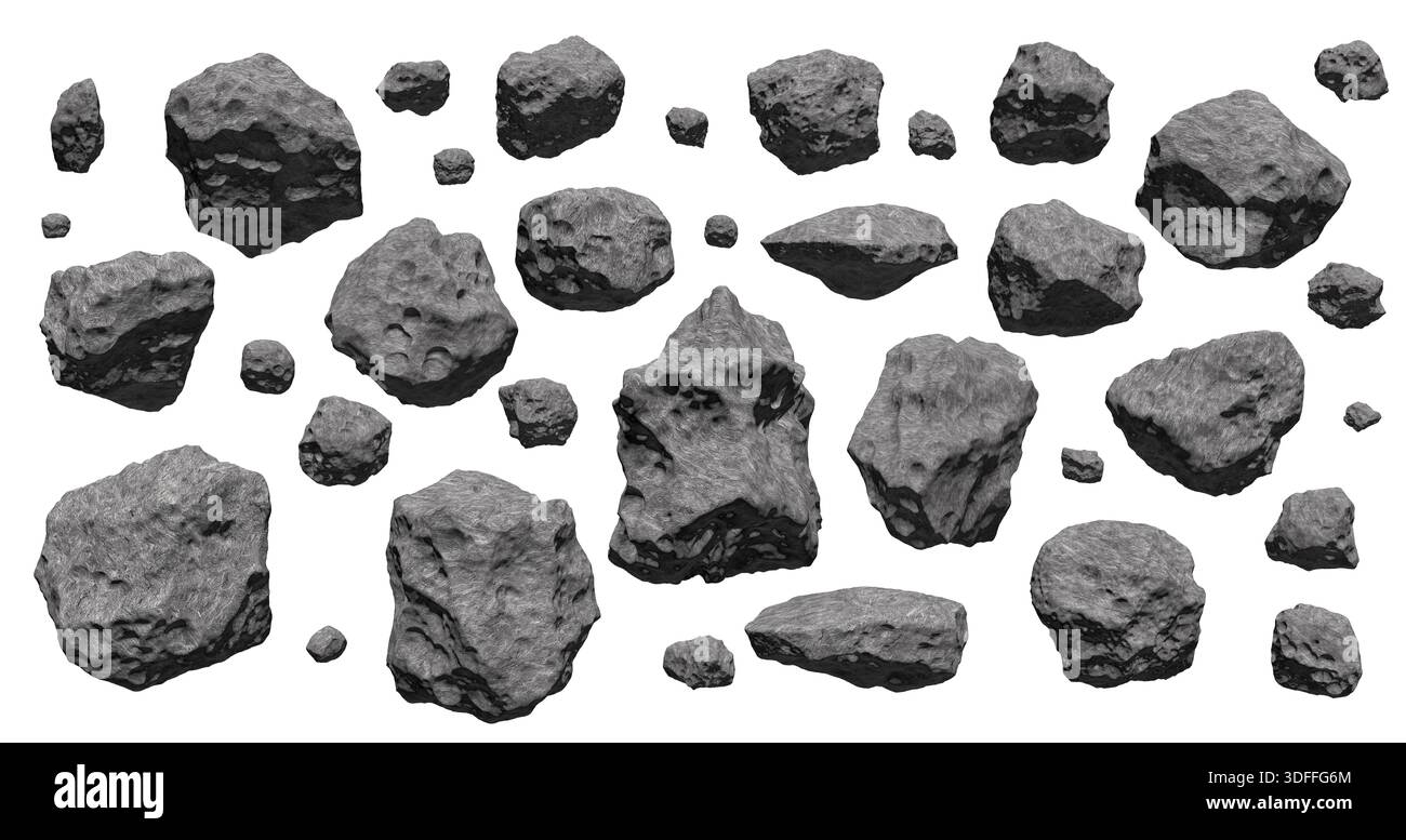 Meteoriti, pietre, rocce, massi, asteroidi che fluttuano nell'aria isolati su sfondo bianco. Un gruppo di rocce rotte e pietre che volano nello spazio. Foto Stock