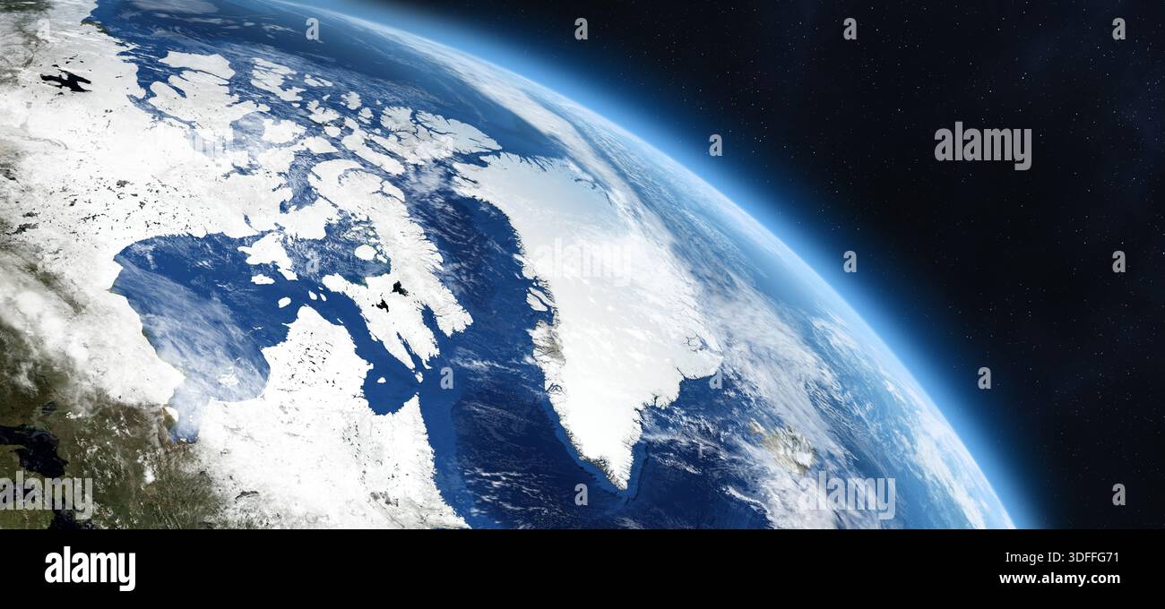 Pianeta Terra dallo spazio. Groenlandia, Islanda, Canada, Stati Uniti, Danimarca, mare dell'Atlantico settentrionale. Pianeta Terra nello spazio. Elementi di questa immagine forniti dalla NASA Foto Stock