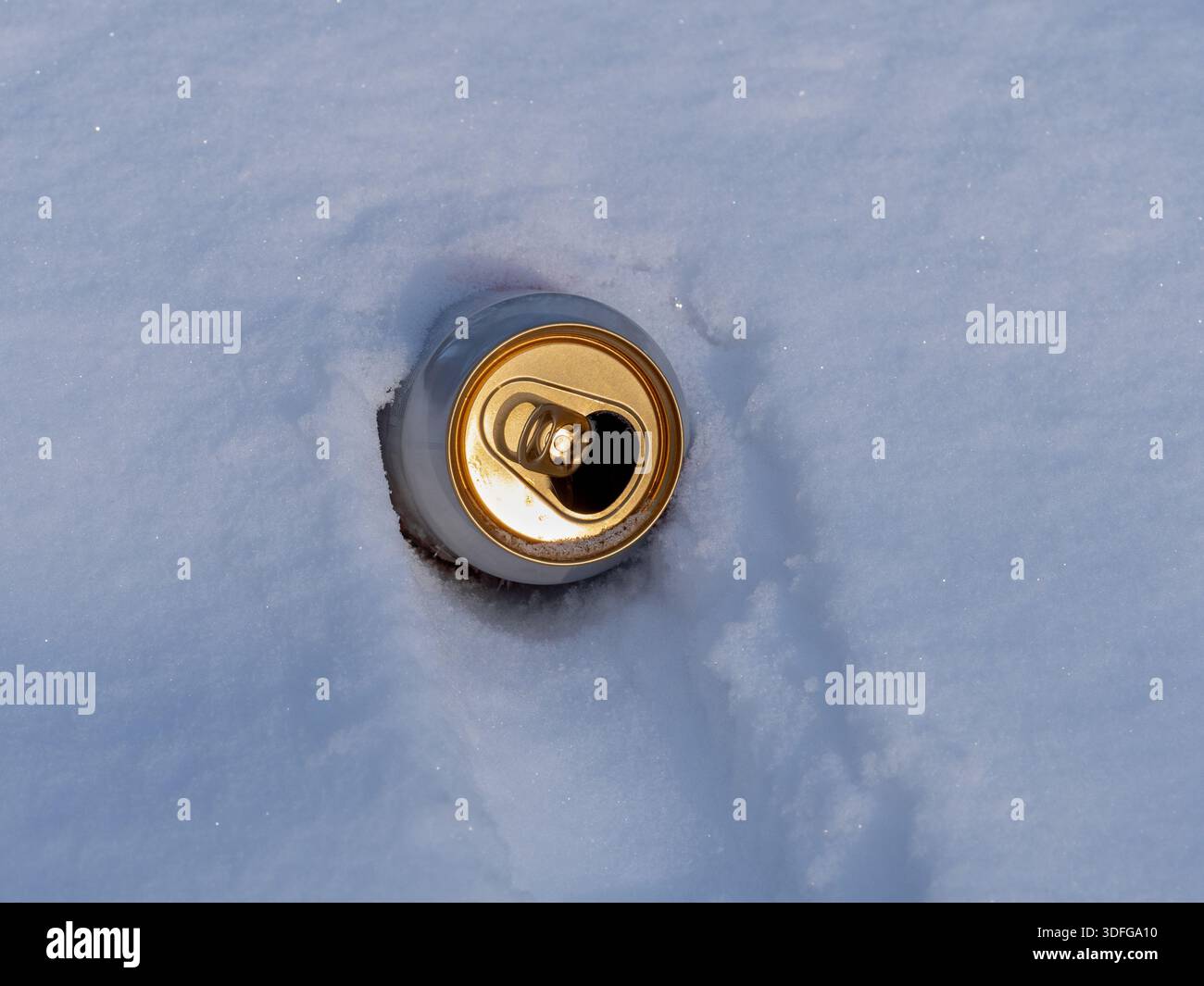 Un primo piano di una birra dorata può essere coperto da una neve blu incontaminata che riflette la luce. La scena evoca la calma invernale, la solitudine e un accenno di beve all'aperto Foto Stock