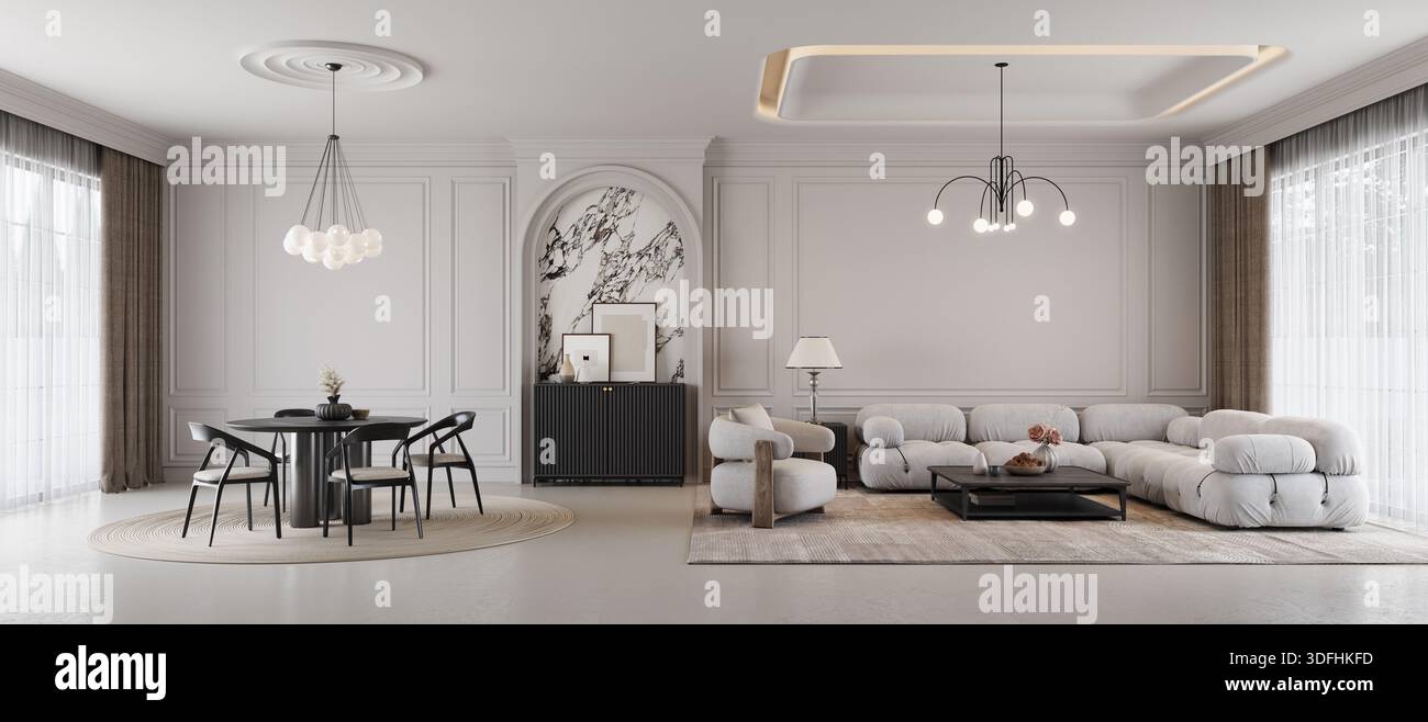 Soggiorno e sala da pranzo panoramiche in stile classico moderno. rendering 3d. Foto Stock