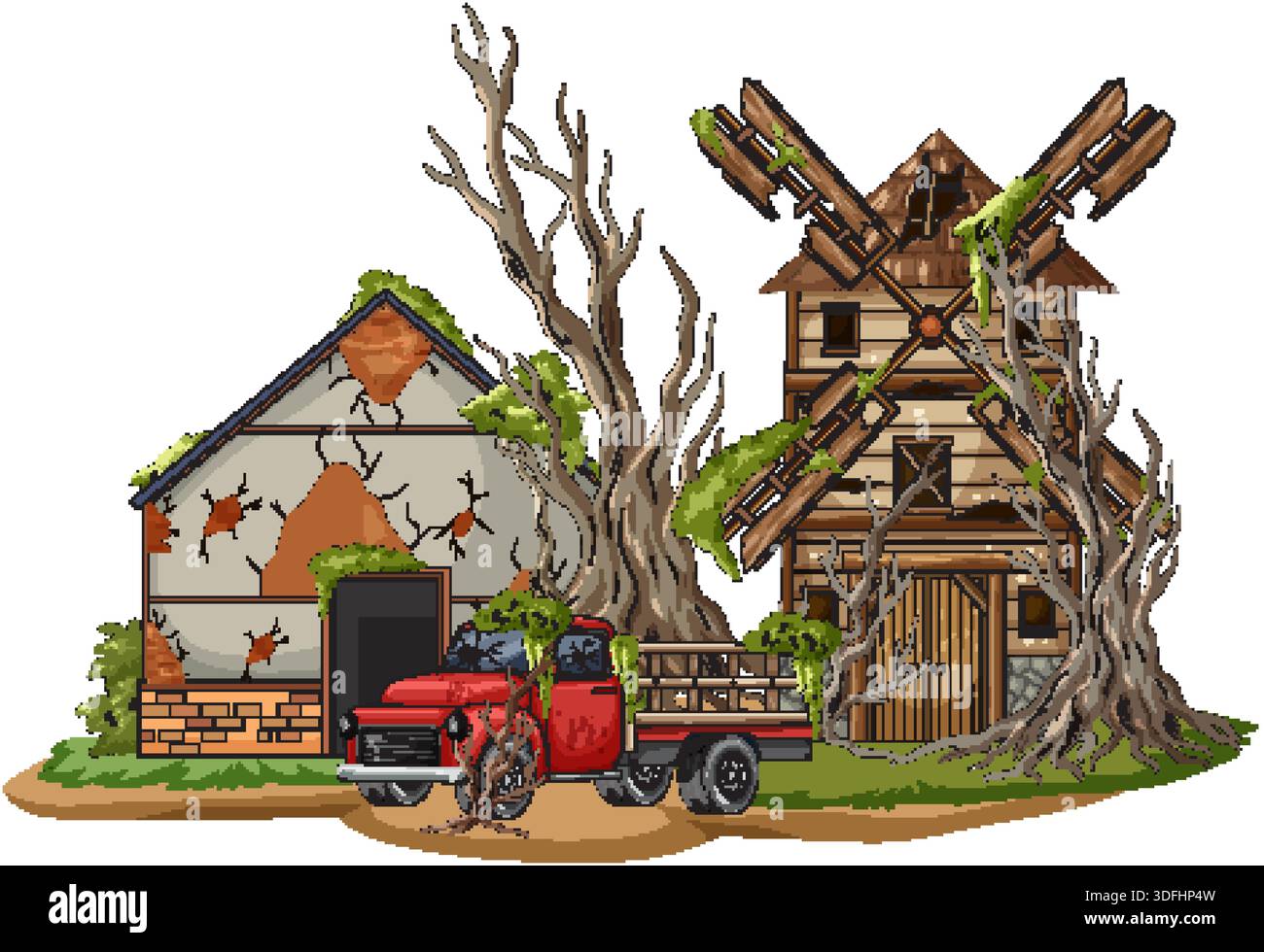 Illustrazione vettoriale di una fattoria deserta, di un mulino a vento e di un camion arrugginito sorpassato da alberi contorti Illustrazione Vettoriale
